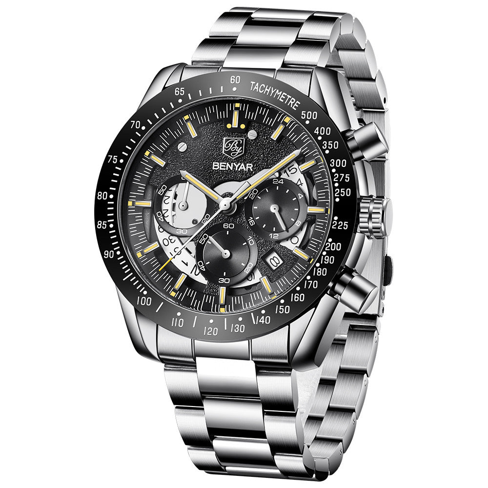 BENYAR Brand Men's Watches Multi-Function Waterproof Automatic Sports Trend Quartz Watch Calendar Luminous Men's Watches BY-5120 - steel yellow